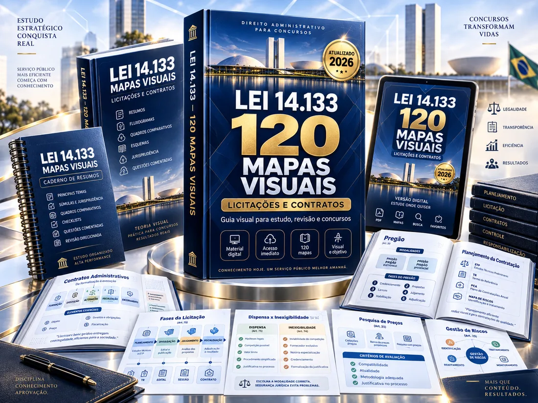 Apostila Lei 14.133 Visual com 120 mapas de licitações e contratos, tablet, caderno e folhas A4 com fluxogramas